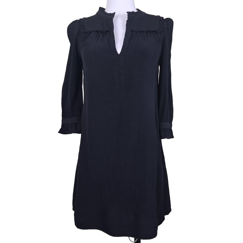 ba&sh Black V-Neck Ruffle Trim Black Dress 6 Small Excellent Condition